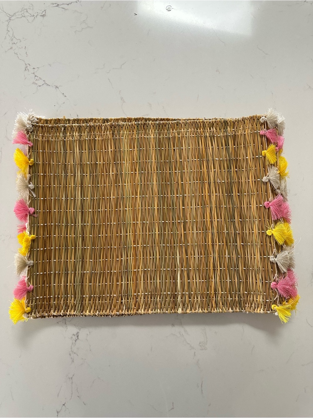 Woven Straw Placemat with Pink & Yellow Tassels